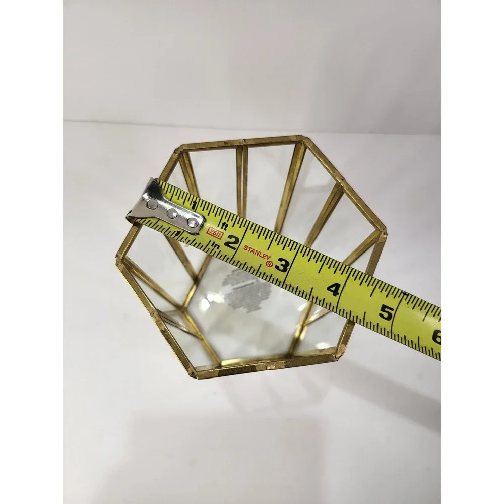 Gold Brass Glass Geometric Hexagon Lantern Candle Holder Terrarium 7 Inch